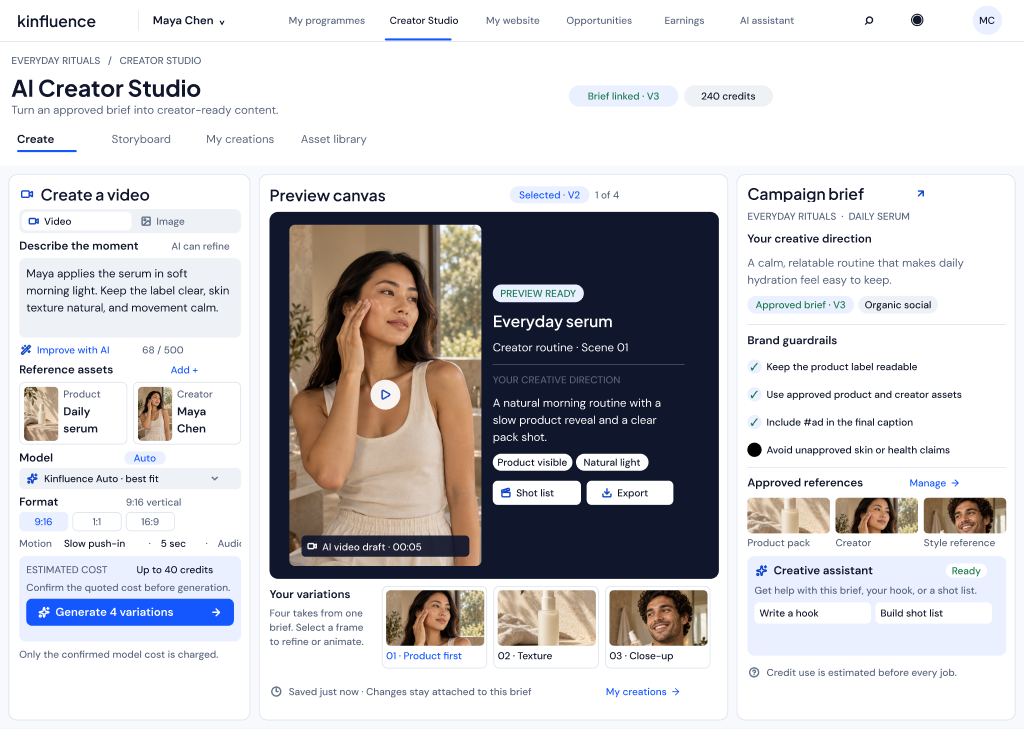 Kinfluence Creator Studio with a generation panel, visual preview, variations and approved campaign brief